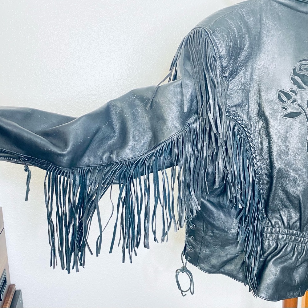 Vintage Genuine Black Leather Rose Cutout Boho Fringe Motorcycle Jacket Medium - Picture 4 of 13